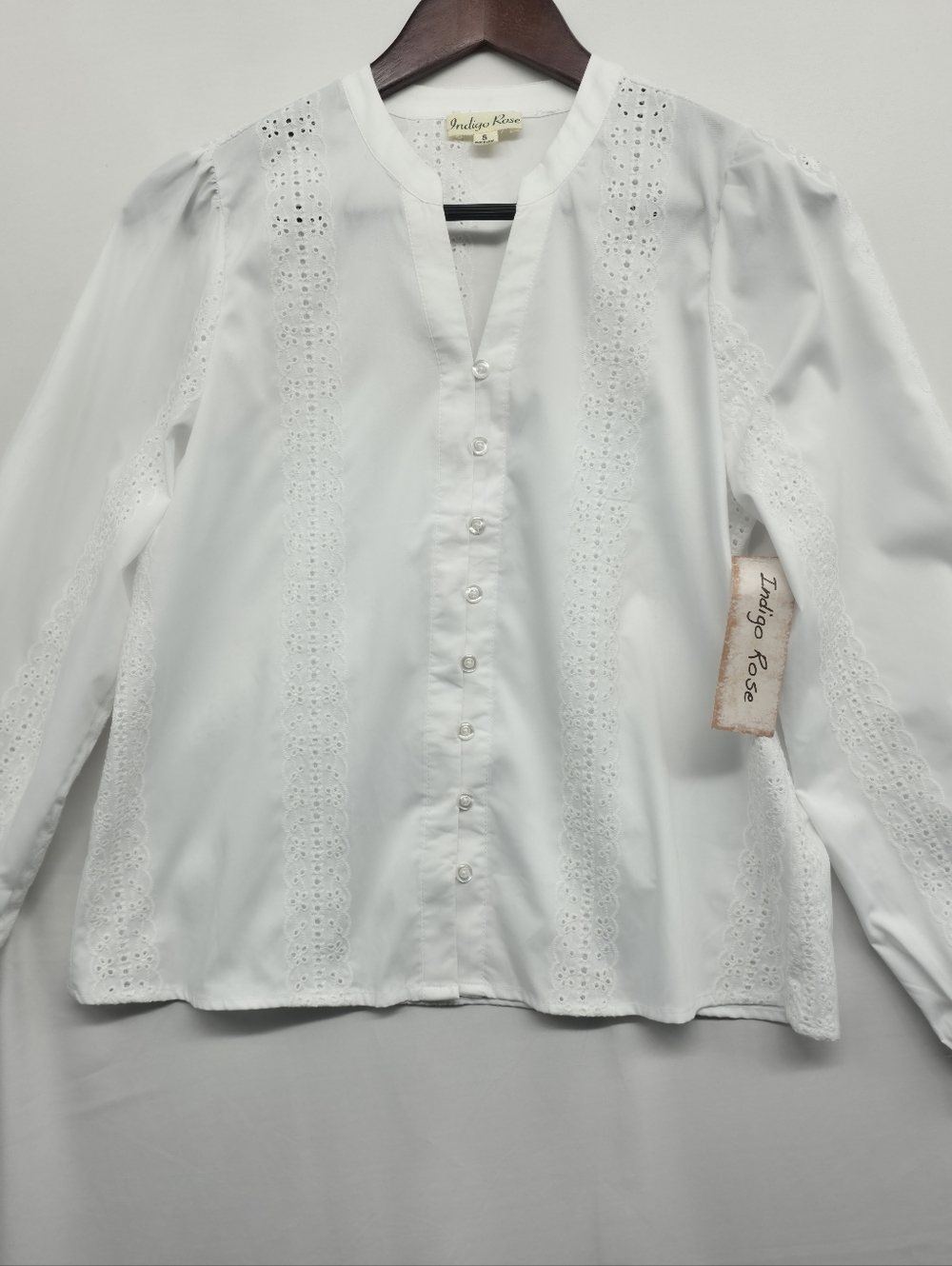 Indigo Rose White Eyelet Lace Blouse NWT Boho Cottagecore Split Neck Long Sleeve - Picture 7 of 16